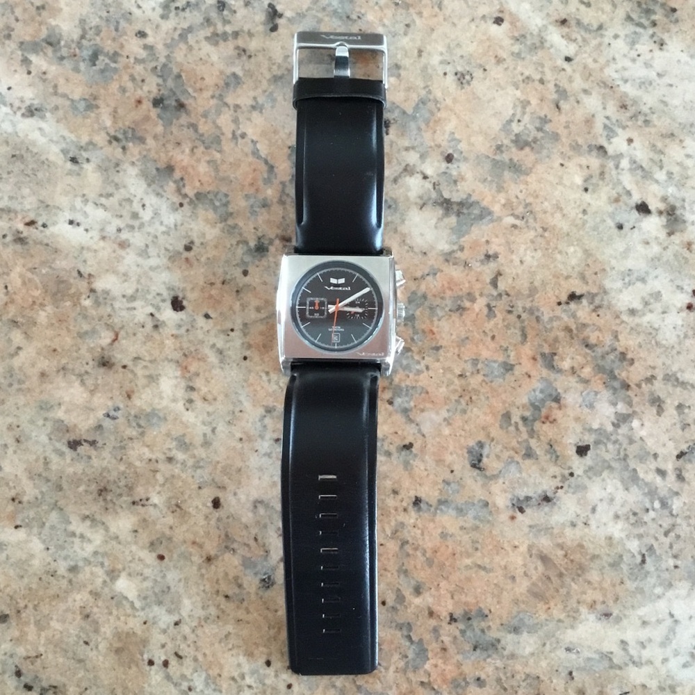 NEW Men’s Vestal Ranger Black Leather Stainless Steel 50 Meter Wrist Watch